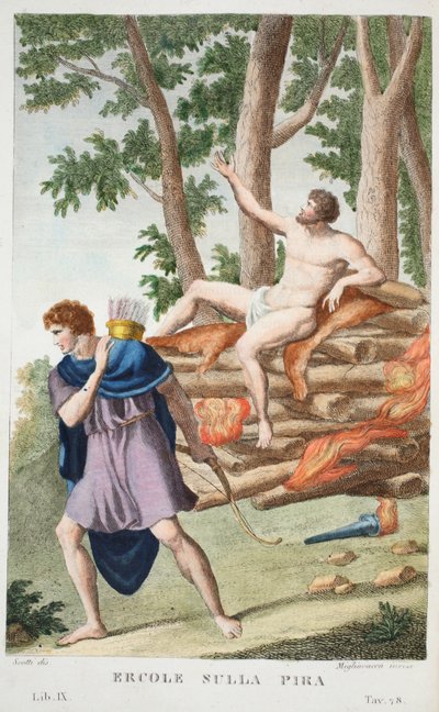 Herkules a máglyán vagy Ercole sulla Pira, IX. könyv, illusztráció Ovidius Metamorfózisaiból, Firenze, 1832 (kézzel színezett metszet) alkotó: Luigi Ademollo
