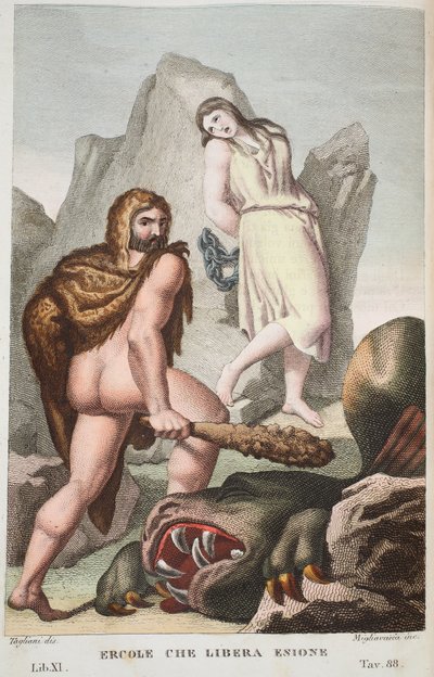 Herkules megmenti Hesionét vagy Ercole che Libera Enionét, XI. könyv, illusztráció Ovidius Metamorfózisaiból, Firenze, 1832 (kézzel színezett metszet) alkotó: Luigi Ademollo