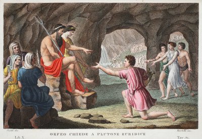 Orfeusz a pokolban vagy Orfeo Chiede a Plutone Euridice, X. könyv, illusztráció Ovidius Metamorphoses című művéből, Firenze, 1832 (kézzel színezett metszet). alkotó: Luigi Ademollo