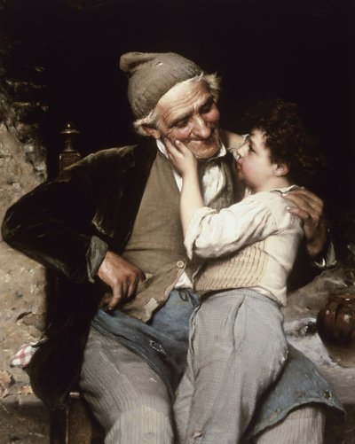 Il Nipotino Preterito (A tökéletes unoka). Egy gyermek megérinti nagyapja arcát, aki mosolyog és gyengéden néz rá. Luigi Bechi (1830-1919) festménye. Olaj, vászon. Magángyűjtemény. alkotó: Luigi Bechi