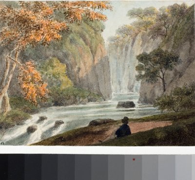 Táj folyóval és vízeséssel (akvarell, 1825 körül) alkotó: Luigi Garibbo