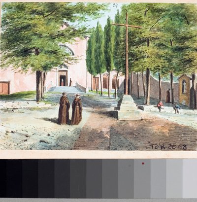 Kapucinus templom kilátása, Genova (rajz és akvarell, 1825 körül) alkotó: Luigi Garibbo