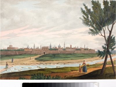 Kilátás egy fallal körülvett városra, valószínűleg Luccára Toszkánában (Tinta és akvarell, 1820 körül) alkotó: Luigi Garibbo