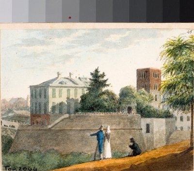 Kilátás a bástyákra és a Santo Stefano harangtoronyra, Genova (akvarell, kb. 1825) alkotó: Luigi Garibbo