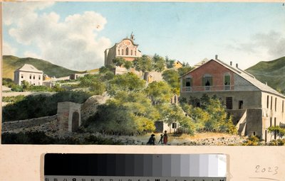 Kilátás az oreginai dombra és a templomra, Genova (akvarell, 1825 körül) alkotó: Luigi Garibbo