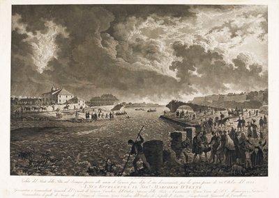 Kilátás a genovai Pila hídra, a Bisagno-özön áradása után 1822.10.26-án (Rézkarc, 1822 körül) alkotó: Luigi Garibbo