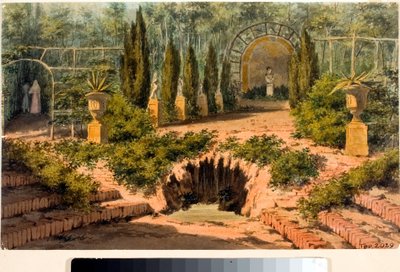 Kilátás a Genova melletti Doria a Pegli villa kertjére (akvarell, 1825 körül) alkotó: Luigi Garibbo