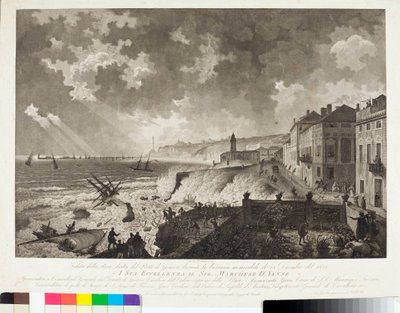 Kilátás Genova kikötőjére az 1821.12.25-i Tempete idején (metszet, 1821 körül) alkotó: Luigi Garibbo