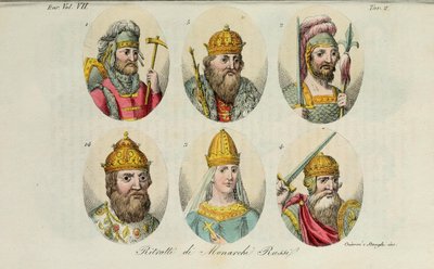 1. Rurik 2. Kijevi Igor 3. Olga 4. Szvjatoszlav 5. Nagy Vlagyimir 14. IV. Ivan Giulio Ferrario Il kosztümjéből, 1831 alkotó: Luigi Giarrè