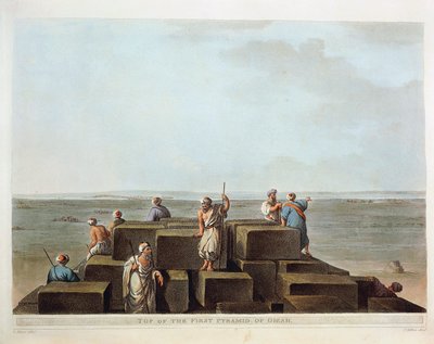 Egyiptom, Giza első piramisának teteje, Luigi Mayer "Nézetei" című metszet alkotó: Luigi Mayer