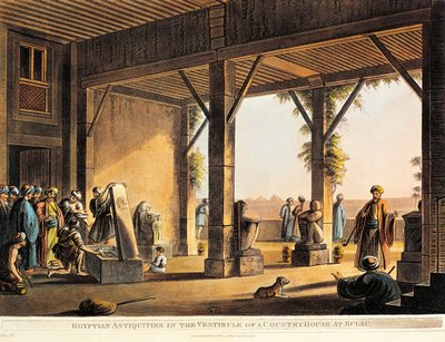 Egyiptomi régiségek egy Boulaq-ház udvarán a Views in Egypt című művéből, Luigi Mayer, metszet alkotó: Luigi Mayer