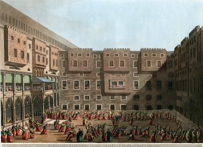 ""Mameluk edzés a Mourad Bey palota udvarán, Tunisz" (A mameluk gyakorlatok a Murad bég palota terén) Luigi Mayer (1755-1803) litográfiája - 1802 Méret: 22,9x31,6 cm Magángyűjtemény alkotó: Luigi Mayer