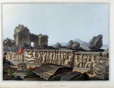 Romok és frízek faragott Ephesében, egykor Görögország ősi városában, ma Törökországban. a „” Kilátások az oszmán uralmakban, Európában, Ázsiában és néhány mediterrán szigeten Luigi Mayer (London) eredeti rajzaiból alkotó: Luigi Mayer