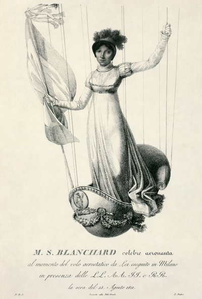 Sophie Blanchard francia ballonos portréja repülés közben Milánóban, 1811-ben alkotó: Luigi Rados