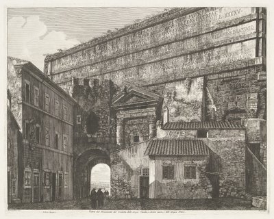Porta Maggiore Rómában Kilátás a Condotto delle Acque Claudia és az Anione Nuovo emlékművére, valamint az Acqua Felice-re (cím a tárgyon) alkotó: Luigi Rossini
