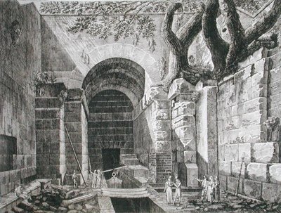 Római maradványok Castel Gandolfónál, Albanói-tónál, a "Le Antichita dei Contorni di Roma" című, 1824-26-ban megjelent műből (metszet). alkotó: Luigi Rossini