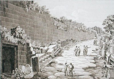 Római út Tusculóba, az 1825-ös első ásatás után, a „Le Antichita dei contorni di Roma” című könyvből, 1824–26 (rézkarc) alkotó: Luigi Rossini