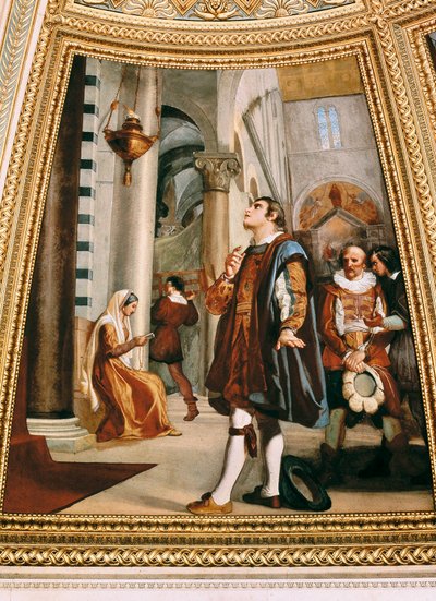 Galileo Galilei nézi a csillár ide-oda himbálózását a pisai katedrálisban 1582 alkotó: Luigi Sabatelli