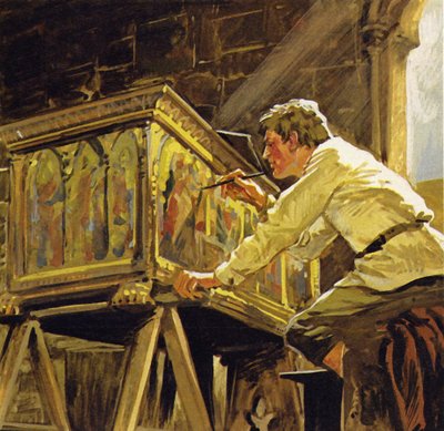 Duccio di Buoninsegna Sienában dobozok díszítésén dolgozott (színes litográfia) alkotó: Luis Arcas Brauner