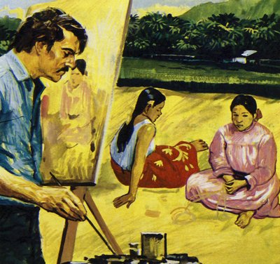 Gauguin bennszülött lányokat festett Tahitin (színes litográfia) alkotó: Luis Arcas Brauner
