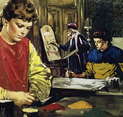 Jan és testvére, Herbert Van Eyck egy helyi festőnél kezdte életét (színes litográfia). alkotó: Luis Arcas Brauner