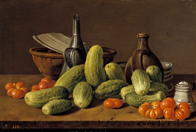 Spanyol: Bodegón con pepinos, tomates y recipientes Csendélet uborkával, paradicsommal és edényekkel alkotó: Luis Egidio Melendez