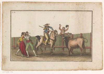 Picador egy bikára irányítja lándzsáját Coleccion de las Principles suertes de una corrida de toros (sorozat címe) A legfontosabb bikaviadal manőverek gyűjteménye (sorozat címe) alkotó: Luis Fernandez Noseret