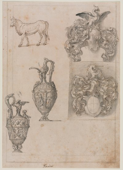 Tervezés két vázához, két címerhez és egy Bull recto-hoz, 1500-as évek közepén. alkotó: Luzio Romano