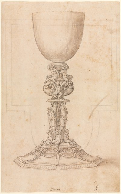 Tervezés egy Chalice recto építészeti tervhez, az 1500-as évek közepén. alkotó: Luzio Romano