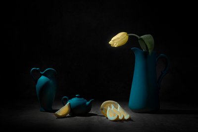 Kék csendélet sárga tulipánnal alkotó: Lydia Jacobs