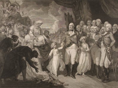 Cornwallis márki fogadja a túsz hercegeket, Tippoo szultán fiait alkotó: M. (after) Brown