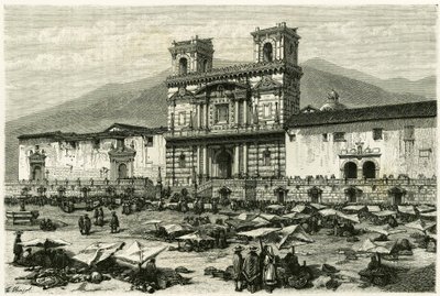 Quito katedrálisa (a mai Ecuador fővárosa) és a téren található népszerű szórakozási lehetőségek. Clerget és Ferdinandus metszet az „Equinoxiale America” történet illusztrálására alkotó: M. (after) Ferdinandus
