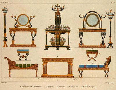 Bútortervek, Mme Soyer gravírozása, 24. tábla a „Modeles de Meubles et de decorations interieures pur les Meubles”-ból, 1828/41-ben (színes litho) alkotó: M. (after) Santi