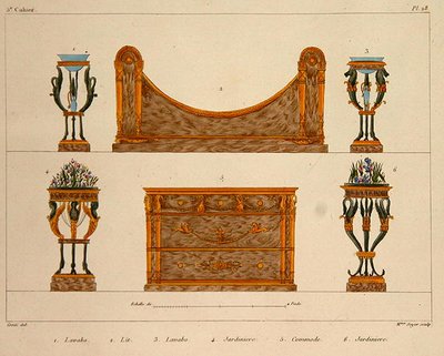 Bútortervek, Mme Soyer gravírozása, 28. tábla a „Modeles de Meubles et de decorations interieures pur les Meubles”-ból, 1828/41-ben (színes litho) alkotó: M. (after) Santi