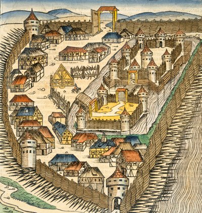 Sabatz, Hartmann Schedel (1440-1514) „The Liber Chronicle” (Nürnbergi krónika) illusztrációja, pub. Nürnberg, 1493 (kézzel színezett metszet) alkotó: M. and Pleydenwurff, W. Wolgemuth