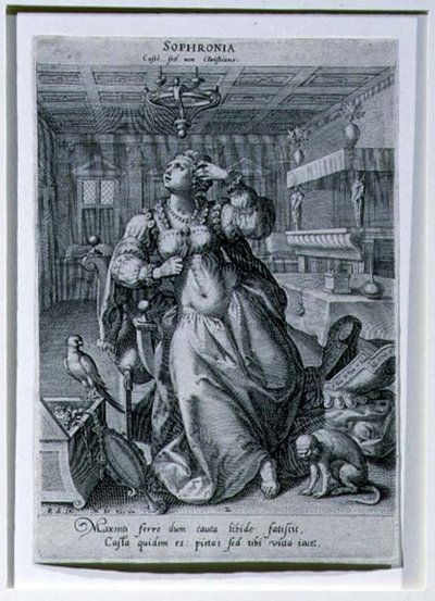 Sophronia, a „Három nőt a tisztaság szimbólumaként” ábrázoló sorozatból, vésette Raphael Sadeler I (1561-1632) 1590 körül (metszet) alkotó: Maarten de (after) Vos