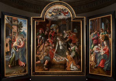 Mágusok imádása, Triptichon, Központi tábla, részlet, festmény fára alkotó: Maarten de Vos