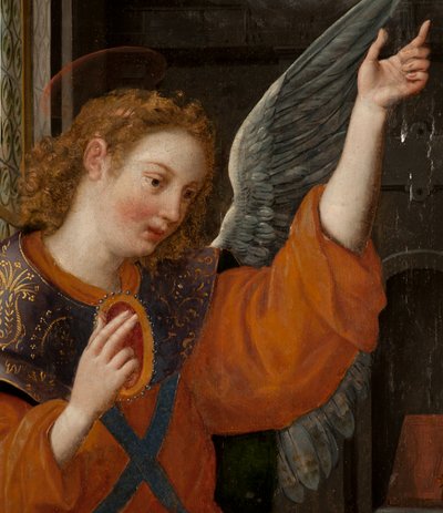 Mágusok imádása, Triptichon, Bal oldali panel, hátsó rész, részlet, festmény fára alkotó: Maarten de Vos
