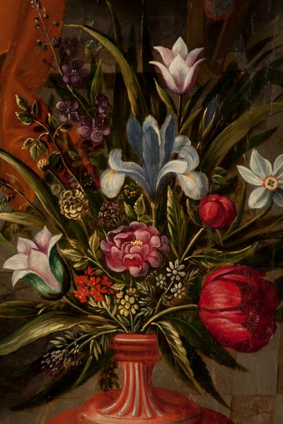 Mágusok imádása, Triptichon, Bal oldali panel, hátsó rész, részlet, festmény fára alkotó: Maarten de Vos