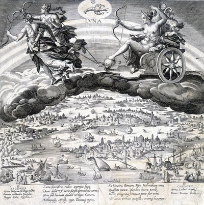 Luna: a Hold (Diana) és a hatása alatt álló Skorpió allegóriája (az állatöv jele) - Maerten de Vos (Marten de Vos, Marten de Vos) metszet (1532-1603), n.d. alkotó: Maarten de Vos