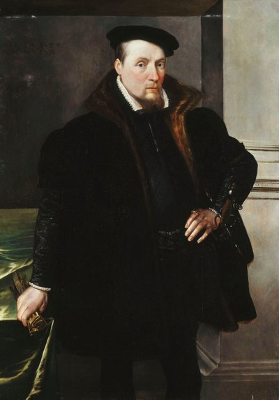 Háromnegyed hosszúságú úriember portréja, fekete kabátban, szőrme béléssel, 1551 alkotó: Maarten de Vos