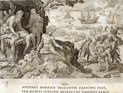 Csatatér az Újvilágban 1530-ban, 6. tábla az „V. Károly császár katonai eredményei”-ből, amelyet Dirk Volkertsz Coornhert (1522-90) vésett, 1555 alkotó: Maarten van Heemskerck