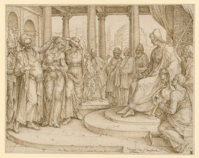 Ne tégy hamis tanúbizonyságot felebarátod ellen. Zsuzsanna a bíró előtt, előtanulmány a „Tízparancsolat” 8. lapjához alkotó: Maarten van Heemskerck