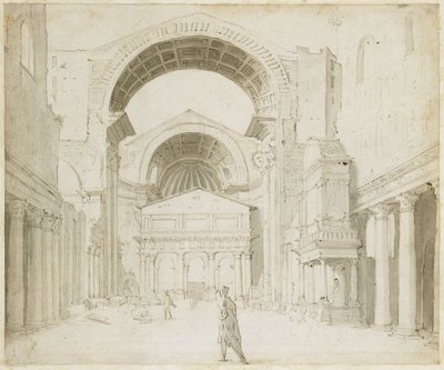 Az Ó-Szent Péter-bazilika főhajójának belső nézete, kilátással az új épületre alkotó: Maarten van Heemskerck