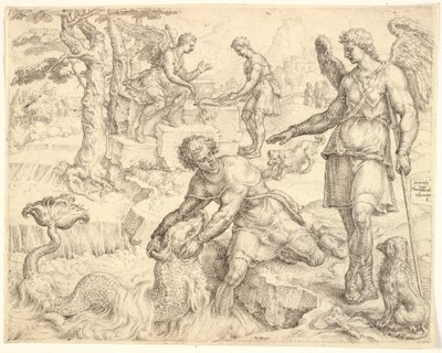 Tóbiás megfogja a halat a Tigris folyóban alkotó: Maarten van Heemskerck