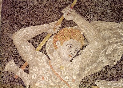 A szarvasvadászat, egy vadász részlete, a Heléna elrablásának háza mozaikból. alkotó: Macedonian School
