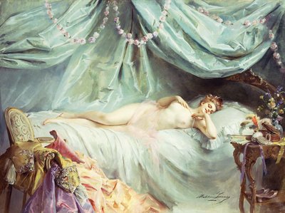 Hanyatt fekve akt egy elegáns belső térben, alkotó: Madeleine Lemaire