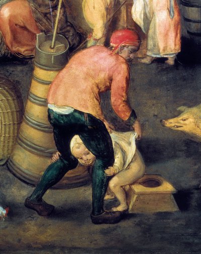 “Flandr házbelső” Egy férfi egy kisfiút tart a fazékon alkotó: Maerten van Cleve