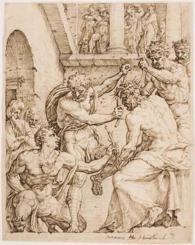 Tövissel koronázott Krisztus, 1548 körül (Toll, barna tinta és fekete kréta buff papírra) alkotó: Maerten van Heemskerck