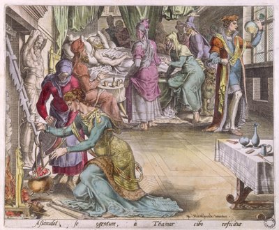 Egy rokkant gyógyítása, „Amnon betegséget színlel, hogy megerőszakolják Tamart” tanulmány (színes metszet) alkotó: Maerten van Heemskerck